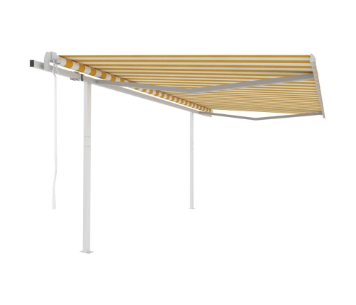 Toldo retráctil automático con postes amarillo y blanco 4x3,5 m