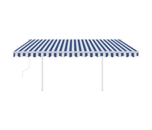 Toldo manual retráctil con postes azul y blanco 4,5x3,5 m