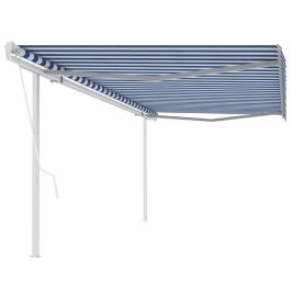 Toldo retráctil automático con postes azul y blanco 5x3,5 m