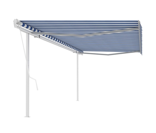 Toldo retráctil automático con postes azul y blanco 5x3,5 m