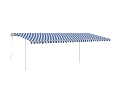 Toldo retráctil automático con postes azul y blanco 6x3,5 m