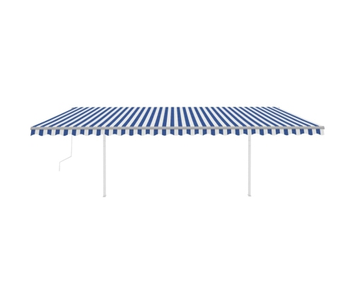 Toldo retráctil automático con postes azul y blanco 6x3,5 m