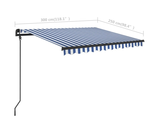 Toldo manual retráctil con postes azul y blanco 3x2,5 m