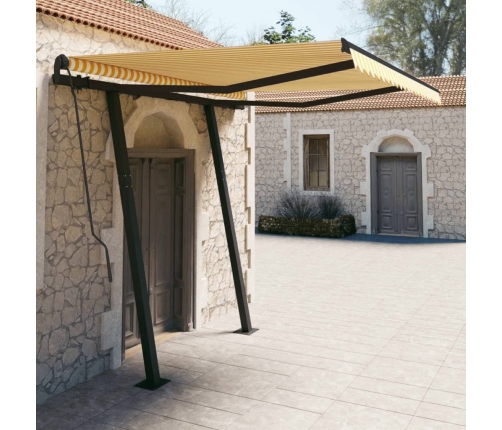 Toldo manual retráctil con postes amarillo y blanco 3x2,5 m