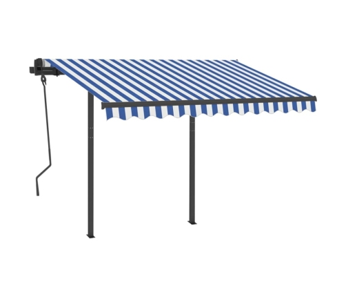 Toldo automático retráctil con postes azul y blanco 3x2,5 m