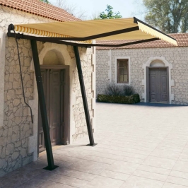 Toldo automático retráctil con postes amarillo y blanco 3x2,5 m