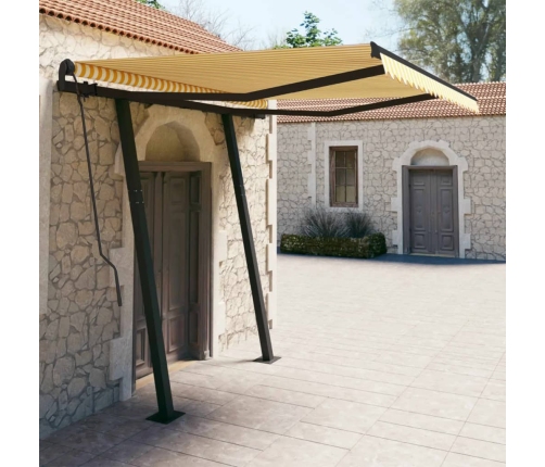 Toldo automático retráctil con postes amarillo y blanco 3x2,5 m