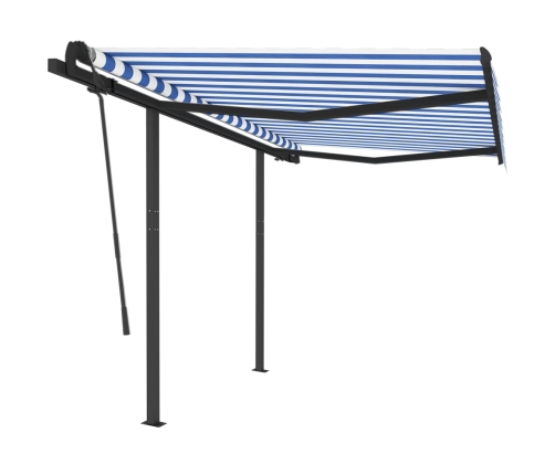 Toldo manual retráctil con postes azul y blanco 3,5x2,5 m