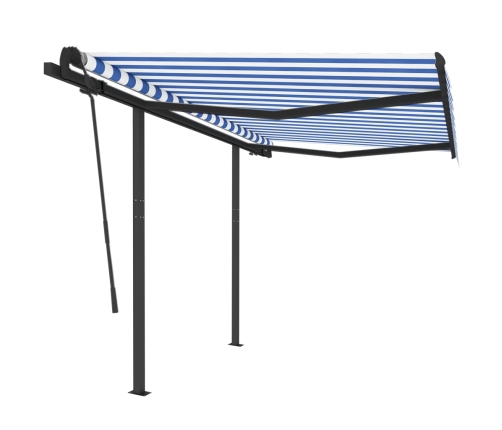 Toldo retráctil automático con postes azul y blanco 3,5x2,5 m