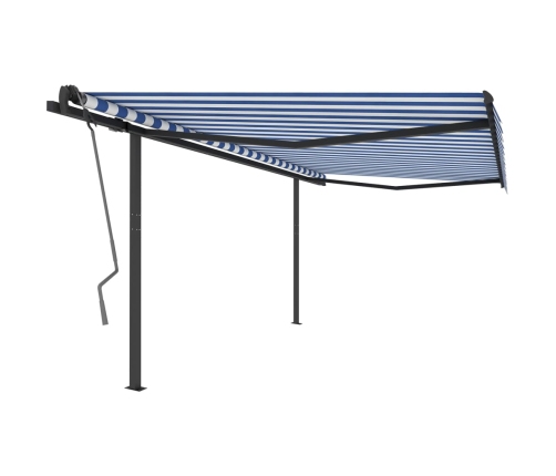 Toldo manual retráctil con postes azul y blanco 4x3 m