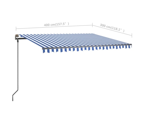 Toldo manual retráctil con postes azul y blanco 4x3 m