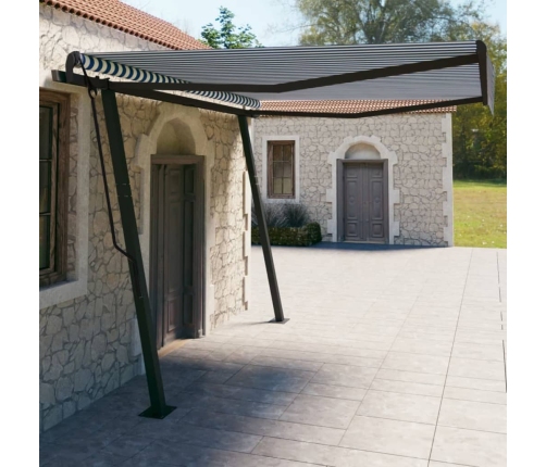 Toldo manual retráctil con postes azul y blanco 4x3 m