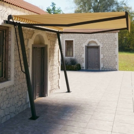 Toldo manual retráctil con postes amarillo y blanco 4x3 m