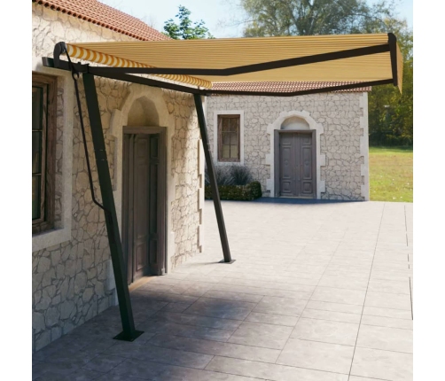 Toldo manual retráctil con postes amarillo y blanco 4x3 m