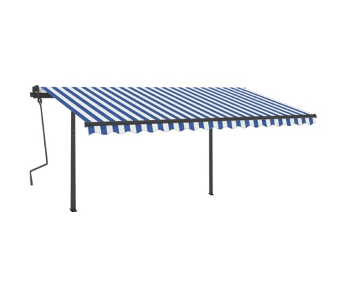 Toldo manual retráctil con postes azul y blanco 4,5x3 m