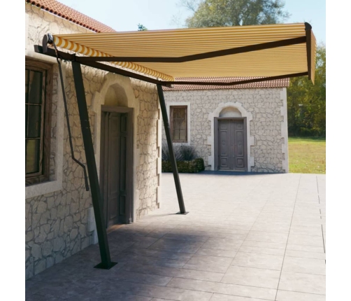 Toldo manual retráctil con postes amarillo y blanco 4,5x3 m