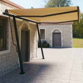 Toldo automático retráctil con postes amarillo y blanco 4,5x3 m