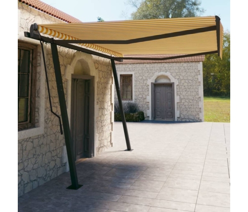 Toldo automático retráctil con postes amarillo y blanco 4,5x3 m