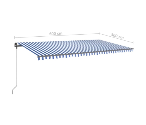 Toldo retráctil manual con luz postes azul y blanco 6x3 m