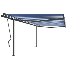 Toldo retráctil manual con postes azul y blanco 4x3,5 m