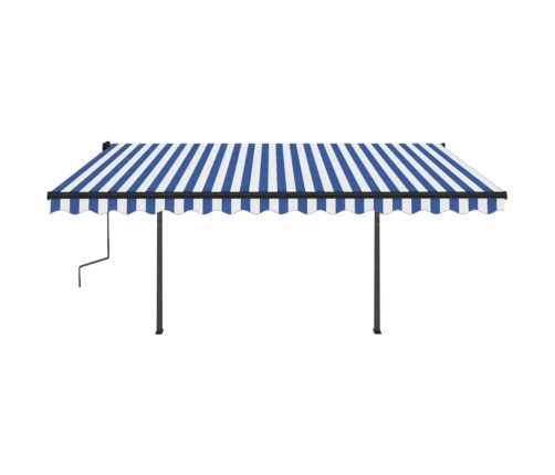 Toldo retráctil manual con postes azul y blanco 4x3,5 m