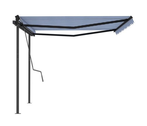 Toldo retráctil manual con postes azul y blanco 4x3,5 m