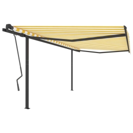 Toldo manual retráctil con postes amarillo y blanco 4x3,5 m