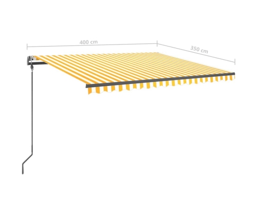 Toldo manual retráctil con postes amarillo y blanco 4x3,5 m