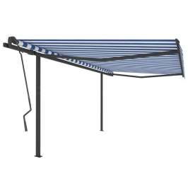 Toldo retráctil automático con postes azul y blanco 4x3,5 m