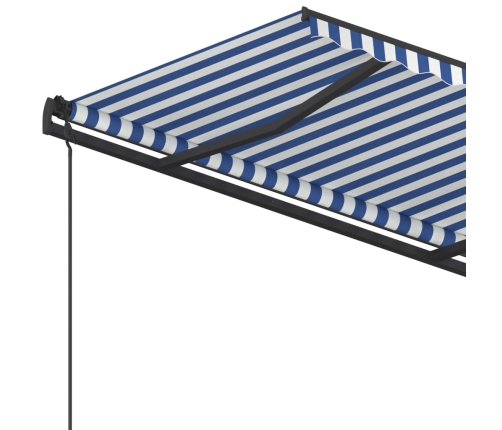 Toldo manual retráctil con postes azul y blanco 4,5x3,5 m