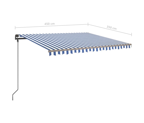 Toldo manual retráctil con postes azul y blanco 4,5x3,5 m