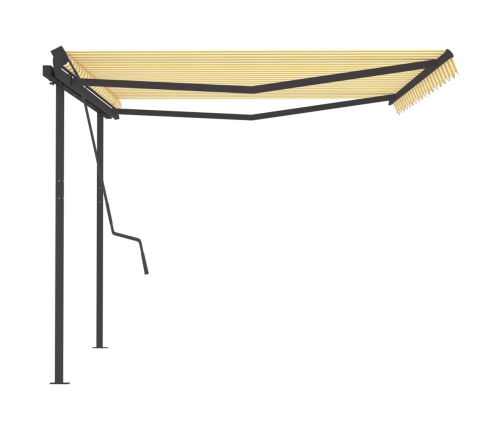 Toldo retráctil manual con postes amarillo y blanco 4,5x3,5 m