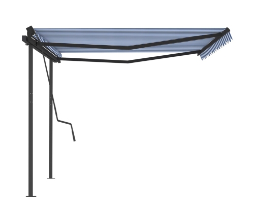 Toldo retráctil automático con postes azul y blanco 4,5x3,5m