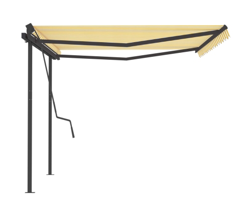 Toldo retráctil automático con postes amarillo blanco 4,5x3,5m