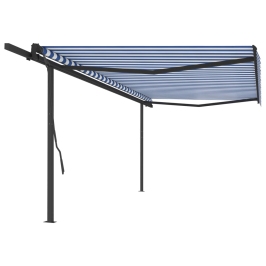 Toldo retráctil manual con postes azul y blanco 5x3,5 m