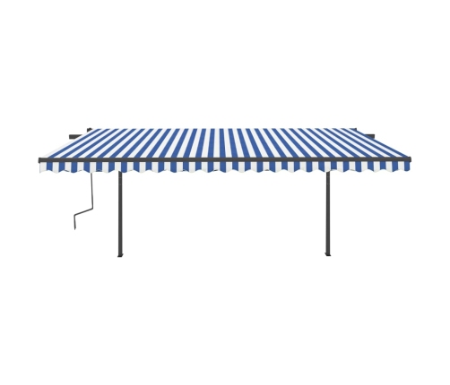 Toldo retráctil manual con postes azul y blanco 5x3,5 m