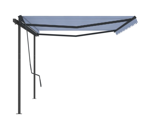 Toldo retráctil manual con postes azul y blanco 5x3,5 m