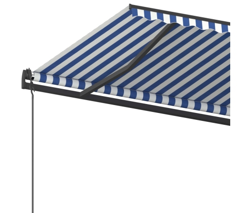 Toldo retráctil manual con postes azul y blanco 5x3,5 m