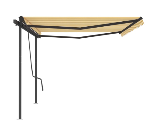 Toldo manual retráctil con postes amarillo y blanco 5x3,5 m