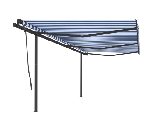 Toldo retráctil manual con postes azul y blanco 6x3,5 m