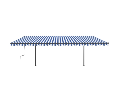 Toldo retráctil manual con postes azul y blanco 6x3,5 m