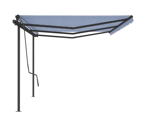 Toldo retráctil manual con postes azul y blanco 6x3,5 m