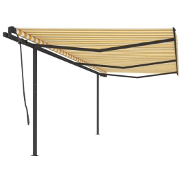 Toldo retráctil manual con postes amarillo y blanco 6x3,5 m