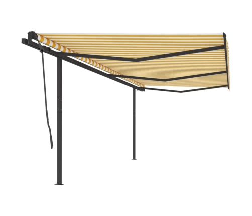 Toldo retráctil manual con postes amarillo y blanco 6x3,5 m