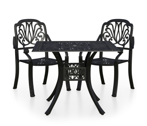 Mesa y sillas de bistró 3 piezas aluminio fundido negro