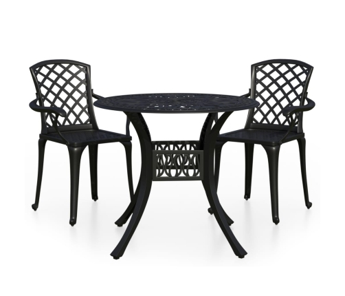 Mesa y sillas de bistró 3 piezas aluminio fundido negro