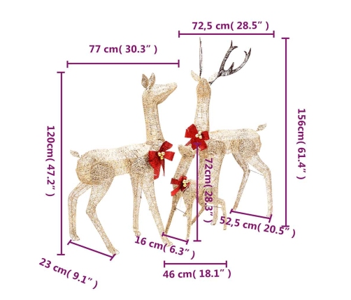 Figuras de familia de renos de Navidad dorado 201 LED