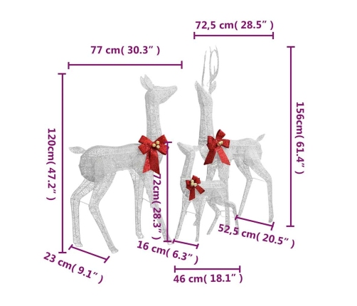 Figuras familia de renos de Navidad blanco y plateado 201 LED