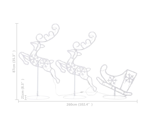 Renos voladores y trineo blanco cálido 260x21x87 cm