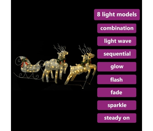 Renos y trineo de Navidad de exterior con 100 LED dorados